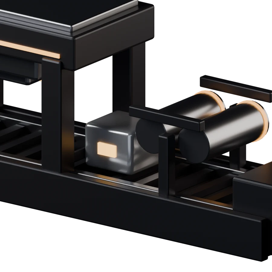A precise machined form with a glowing amber core travelling out of the press.